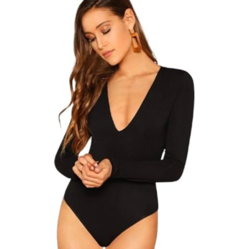 Verdusa Black V Neck Long Sleeve Body Suit NWT Size M